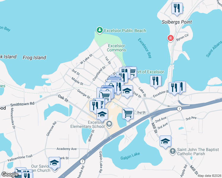 map of restaurants, bars, coffee shops, grocery stores, and more near 332 3rd Street in Excelsior