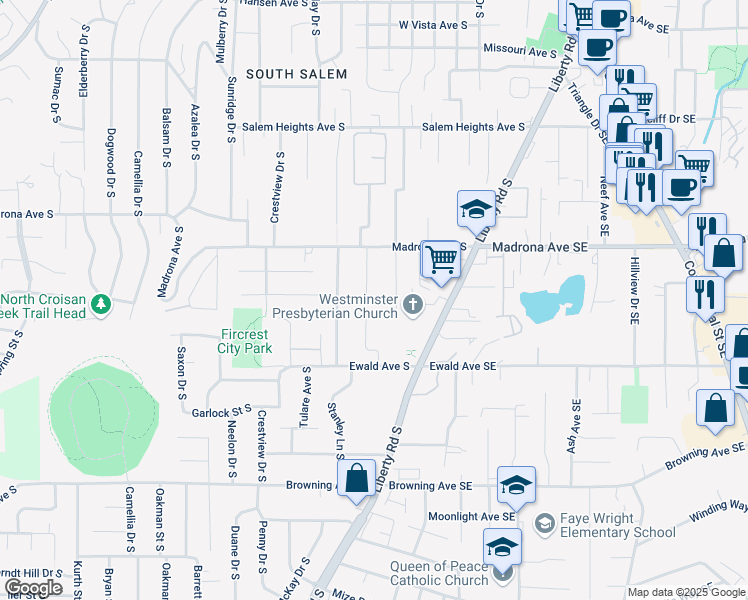 map of restaurants, bars, coffee shops, grocery stores, and more near 3691 Felton Street South in Salem