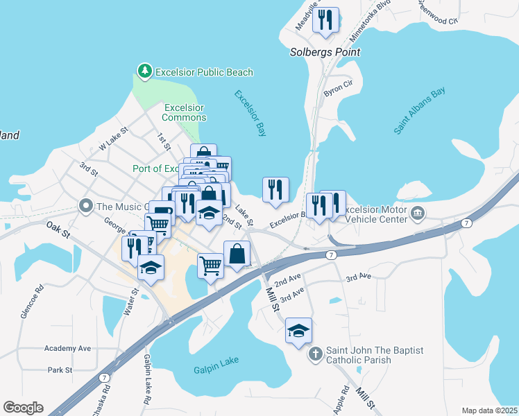 map of restaurants, bars, coffee shops, grocery stores, and more near 603 Lake Street in Excelsior