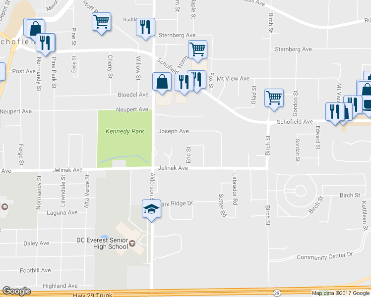 map of restaurants, bars, coffee shops, grocery stores, and more near 6002 Eric Street in Schofield