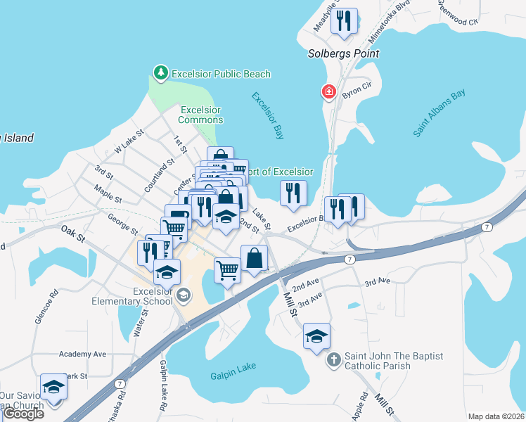 map of restaurants, bars, coffee shops, grocery stores, and more near 603 Lake Street in Excelsior