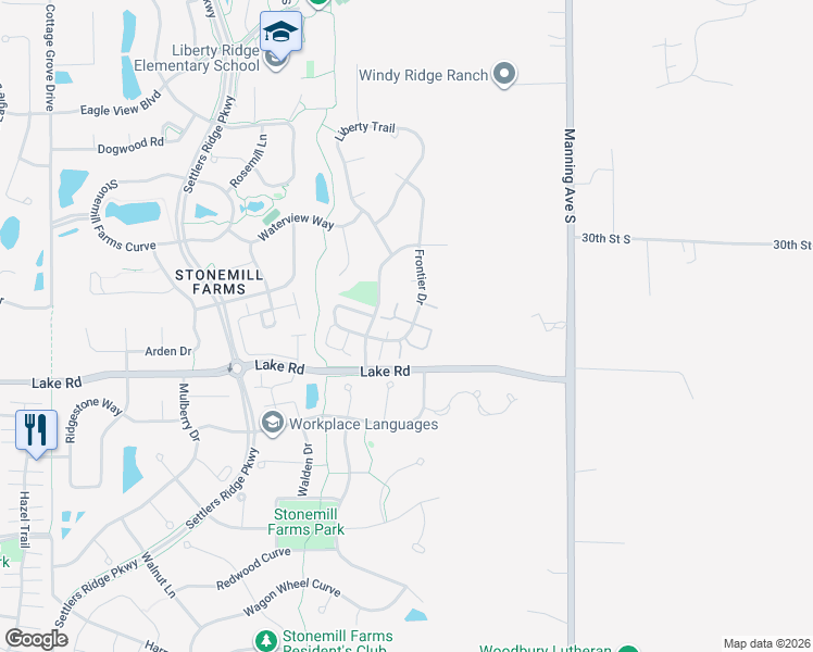 map of restaurants, bars, coffee shops, grocery stores, and more near 3126 Frontier Drive in Woodbury