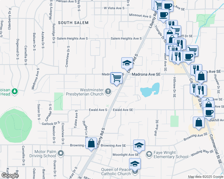 map of restaurants, bars, coffee shops, grocery stores, and more near 355-499 Harney Street South in Salem