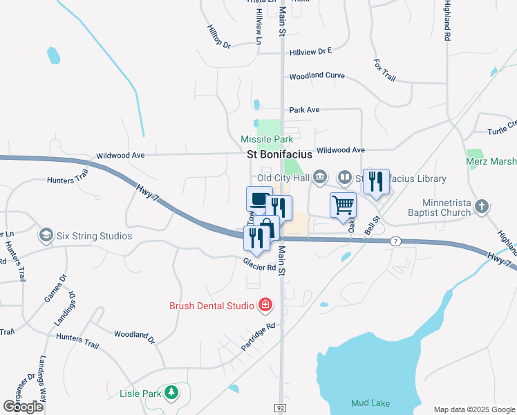 map of restaurants, bars, coffee shops, grocery stores, and more near 4076 Tower Street in Saint Bonifacius