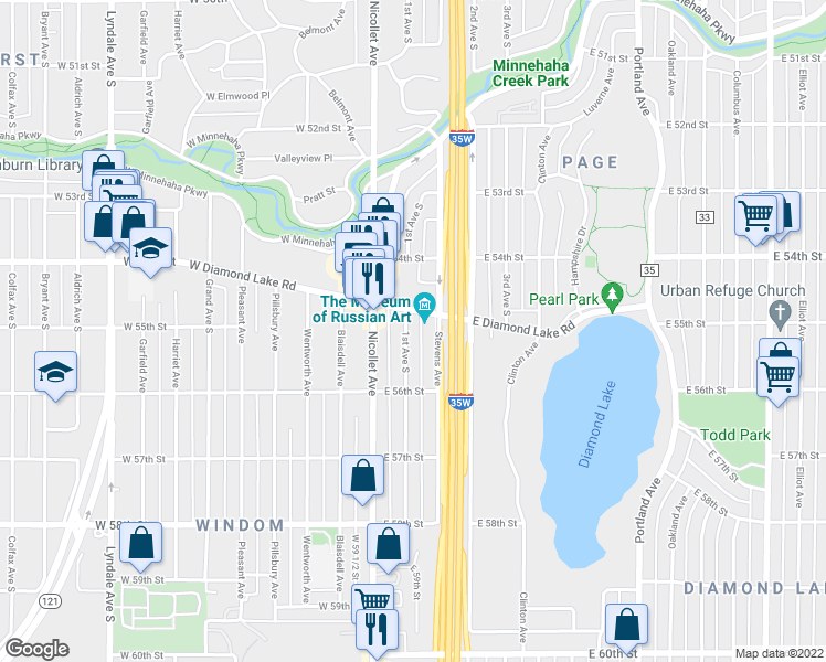 map of restaurants, bars, coffee shops, grocery stores, and more near 5505 1st Avenue South in Minneapolis