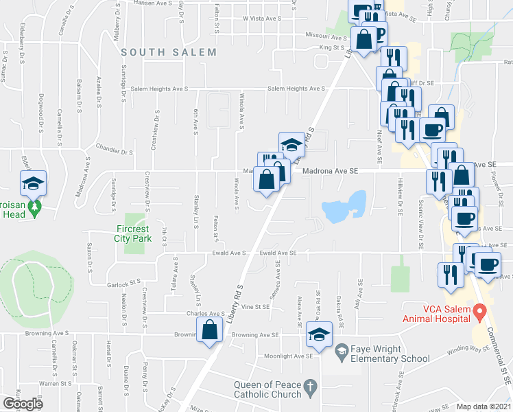 map of restaurants, bars, coffee shops, grocery stores, and more near 3655 Liberty Road South in Salem