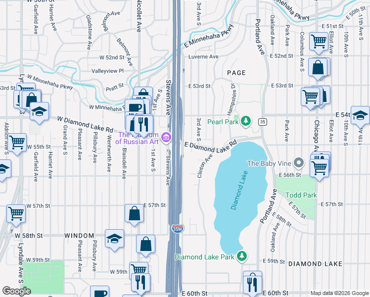 map of restaurants, bars, coffee shops, grocery stores, and more near 5600 2nd Avenue South in Minneapolis