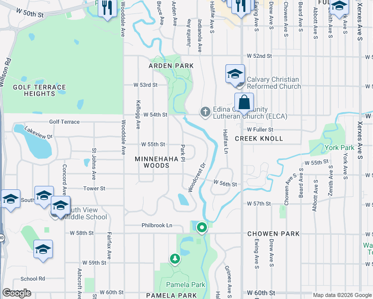 map of restaurants, bars, coffee shops, grocery stores, and more near 5520 Park Place in Minneapolis