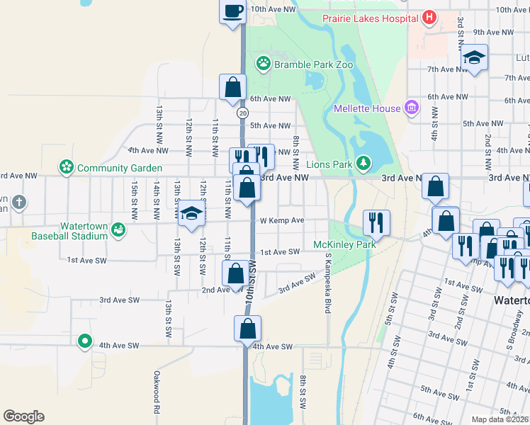 map of restaurants, bars, coffee shops, grocery stores, and more near 2-40 10th Street Southwest in Watertown