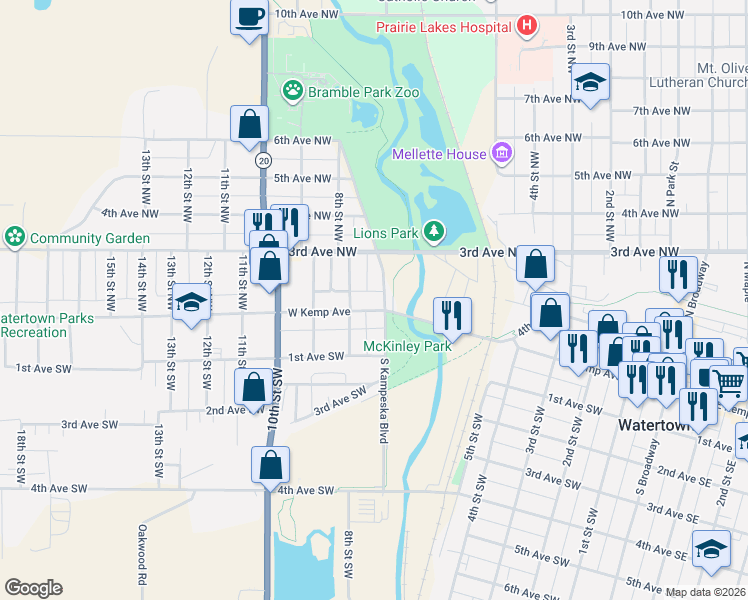 map of restaurants, bars, coffee shops, grocery stores, and more near 2-38 S Kampeska Blvd in Watertown