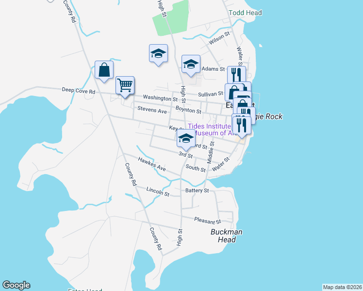 map of restaurants, bars, coffee shops, grocery stores, and more near 30 3rd Street in Eastport