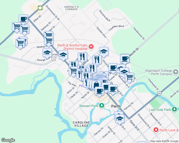 map of restaurants, bars, coffee shops, grocery stores, and more near 29 Gore Street West in Perth