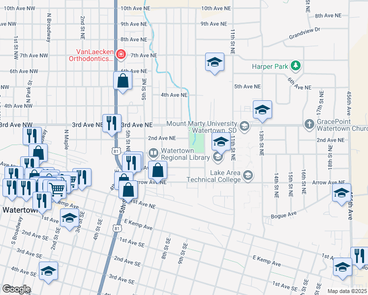 map of restaurants, bars, coffee shops, grocery stores, and more near 729 2nd Avenue Northeast in Watertown