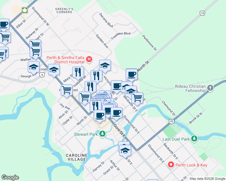 map of restaurants, bars, coffee shops, grocery stores, and more near 19 North Street in Perth