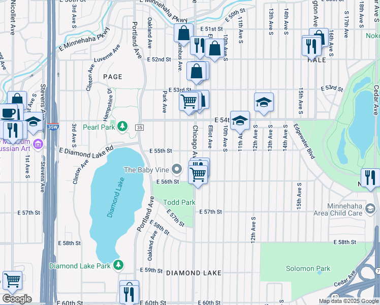 map of restaurants, bars, coffee shops, grocery stores, and more near 5439 Chicago Avenue in Minneapolis