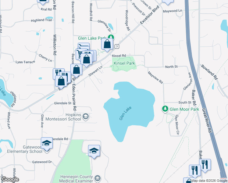 map of restaurants, bars, coffee shops, grocery stores, and more near 5517 Dickson Road in Minnetonka