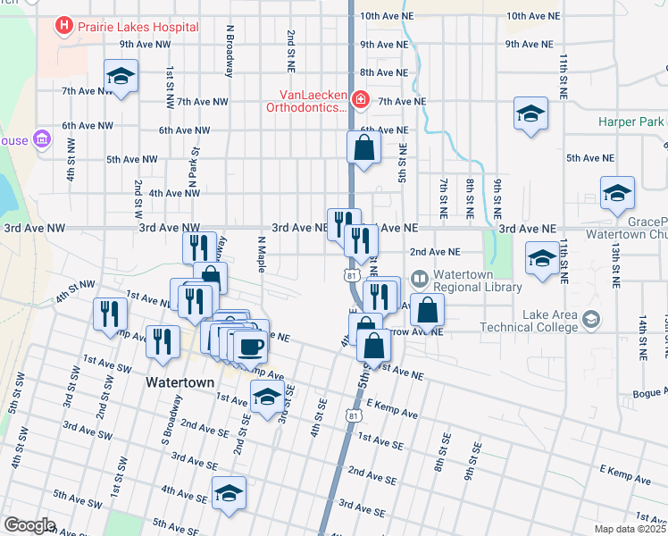 map of restaurants, bars, coffee shops, grocery stores, and more near 203 4th Street Northeast in Watertown