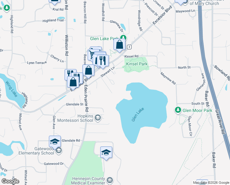 map of restaurants, bars, coffee shops, grocery stores, and more near 5517 Dickson Road in Minnetonka
