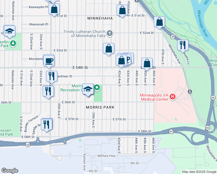map of restaurants, bars, coffee shops, grocery stores, and more near 4016 East 55th Street in Minneapolis