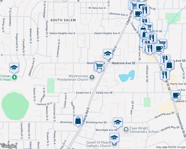 map of restaurants, bars, coffee shops, grocery stores, and more near 469 Harney Street South in Salem