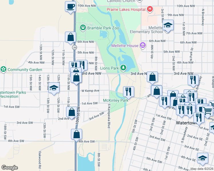 map of restaurants, bars, coffee shops, grocery stores, and more near Watertown Bike Trail in Watertown