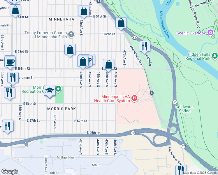 map of restaurants, bars, coffee shops, grocery stores, and more near 5501 45th Avenue South in Minneapolis