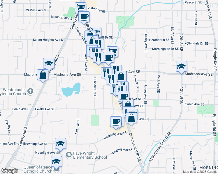 map of restaurants, bars, coffee shops, grocery stores, and more near 3535 Commercial Street Southeast in Salem