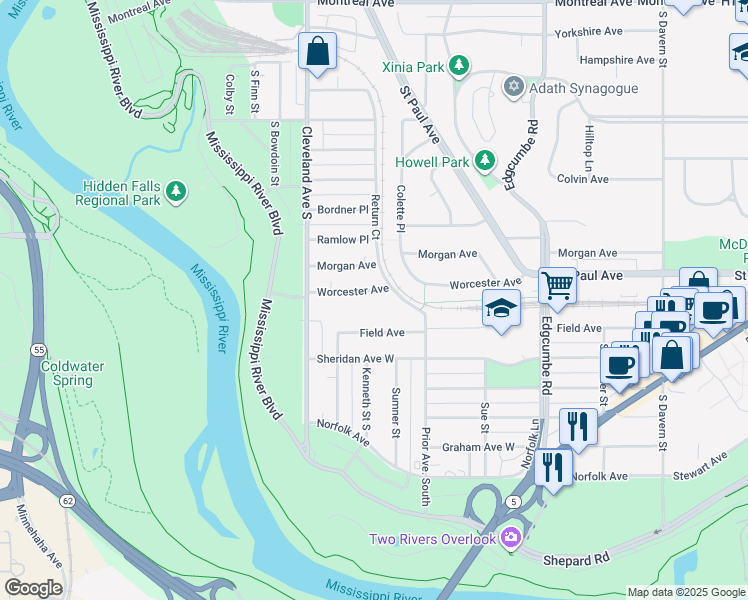 map of restaurants, bars, coffee shops, grocery stores, and more near 1993 Worcester Avenue in Saint Paul