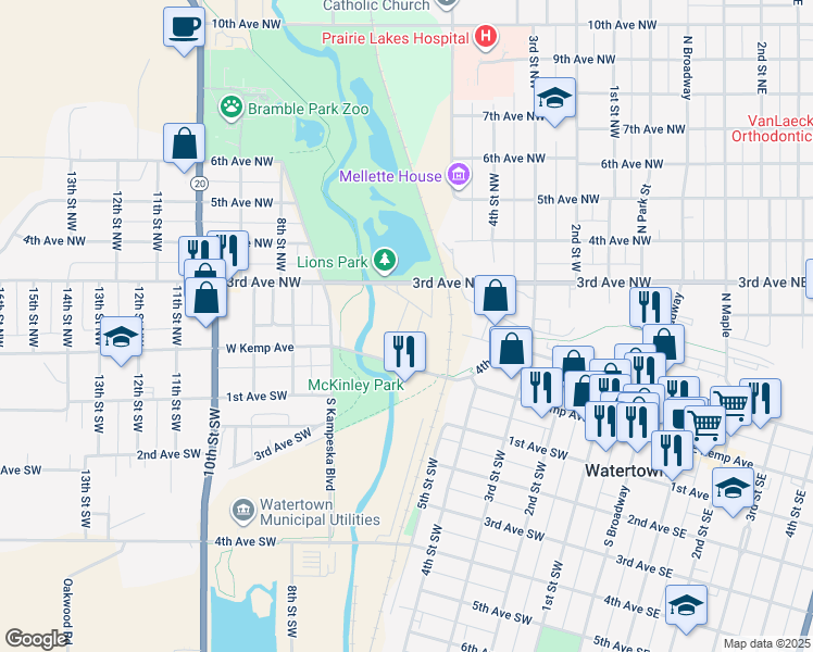 map of restaurants, bars, coffee shops, grocery stores, and more near 600 1st Avenue Northwest in Watertown