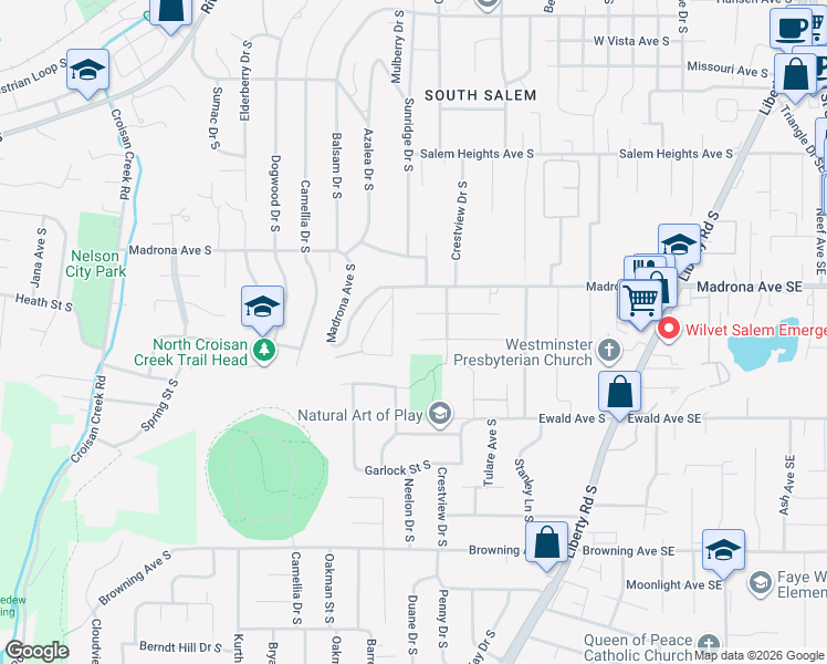 map of restaurants, bars, coffee shops, grocery stores, and more near 932 Mimosa Street South in Salem