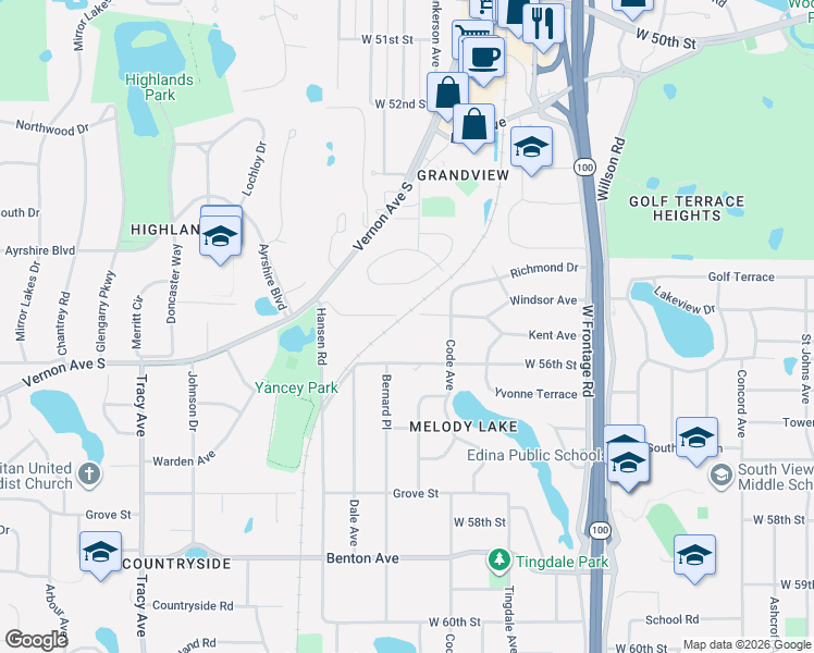 map of restaurants, bars, coffee shops, grocery stores, and more near 5208 Windsor Avenue in Minneapolis