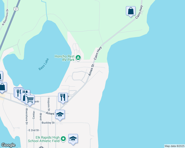 map of restaurants, bars, coffee shops, grocery stores, and more near 728 Ames Street in Elk Rapids