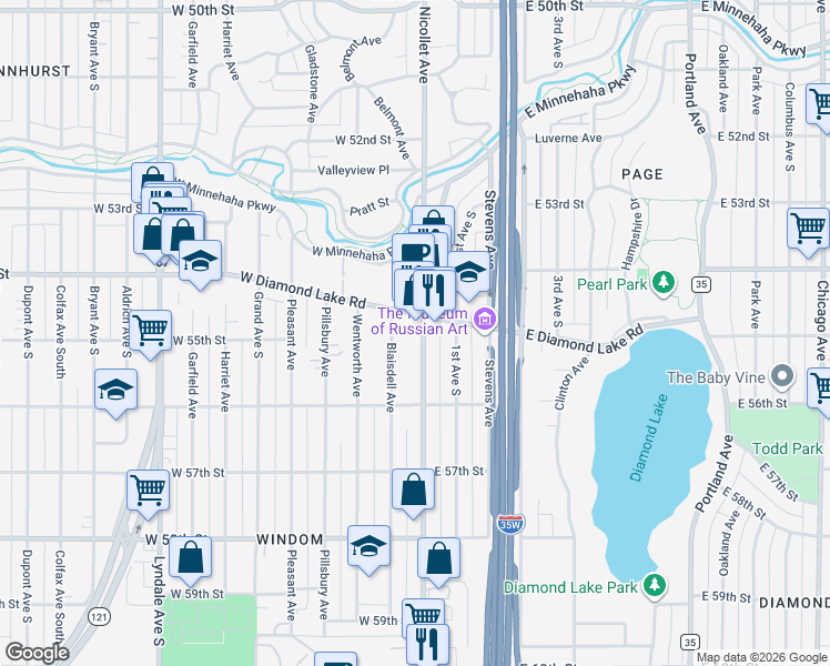 map of restaurants, bars, coffee shops, grocery stores, and more near 25 West Diamond Lake Road in Minneapolis