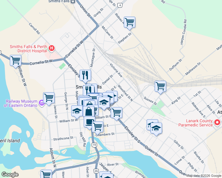 map of restaurants, bars, coffee shops, grocery stores, and more near 3 Ogden Avenue in Smiths Falls