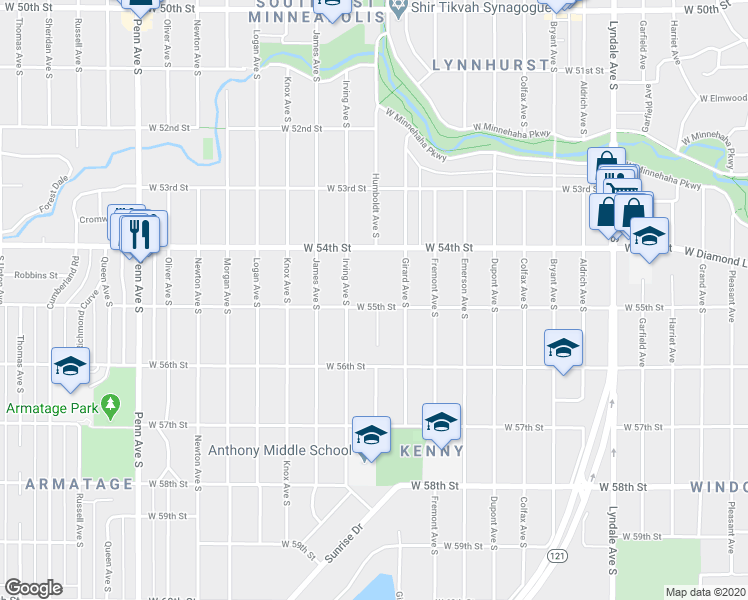 map of restaurants, bars, coffee shops, grocery stores, and more near 1500 West 55th Street in Minneapolis