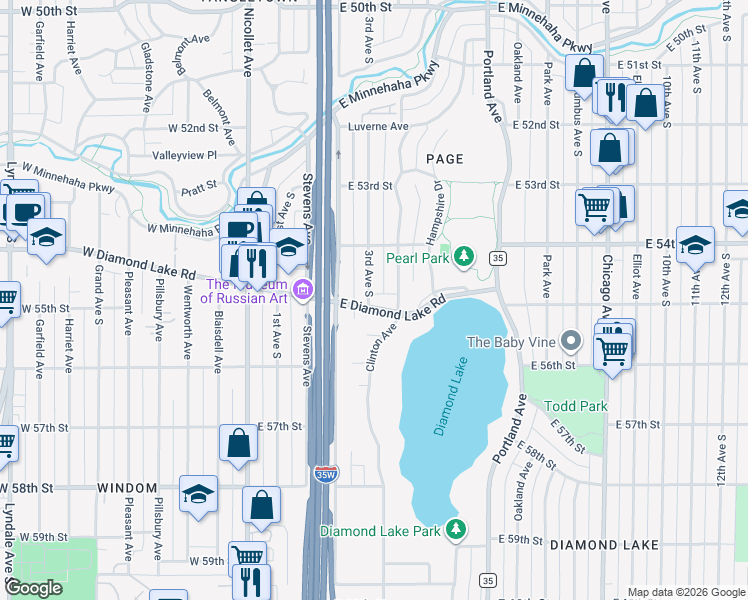 map of restaurants, bars, coffee shops, grocery stores, and more near 5428 3rd Avenue South in Minneapolis