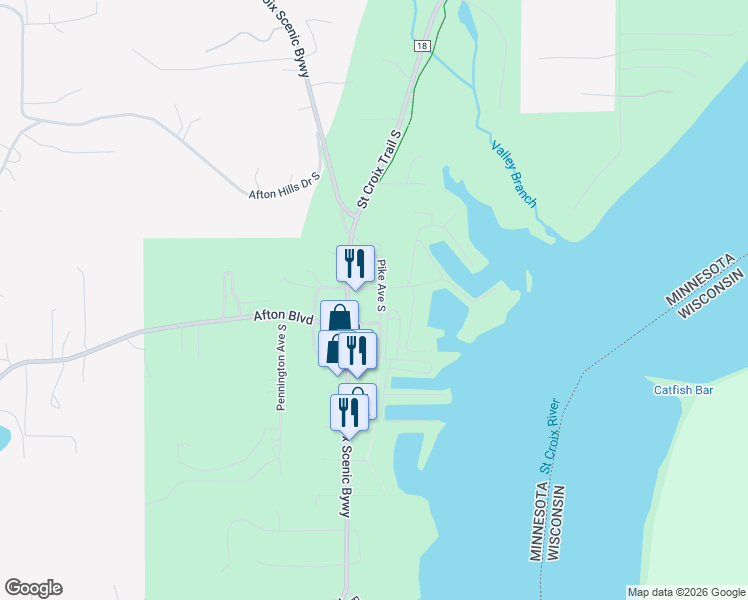 map of restaurants, bars, coffee shops, grocery stores, and more near 3121 Saint Croix Trail South in Afton