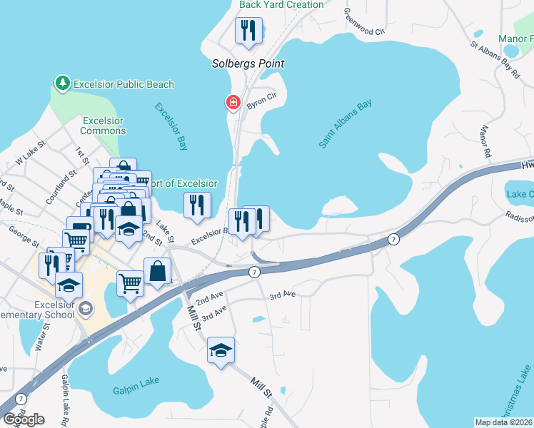 map of restaurants, bars, coffee shops, grocery stores, and more near 805 Hidden Lane in Excelsior