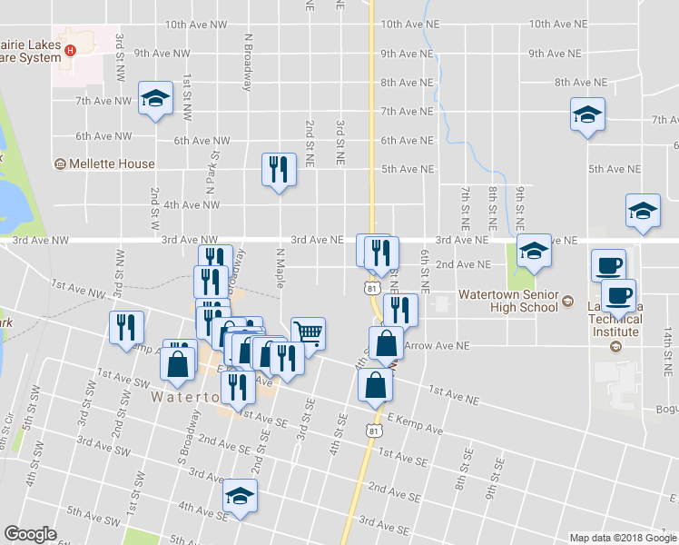 map of restaurants, bars, coffee shops, grocery stores, and more near 218 2nd Avenue Northeast in Watertown