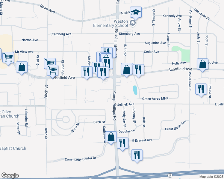 map of restaurants, bars, coffee shops, grocery stores, and more near 3901 Weston Pines Lane in Schofield