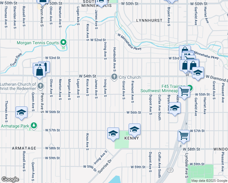 map of restaurants, bars, coffee shops, grocery stores, and more near 1500 West 55th Street in Minneapolis
