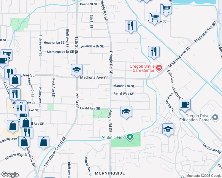 map of restaurants, bars, coffee shops, grocery stores, and more near 1435 Marshall Drive Southeast in Salem