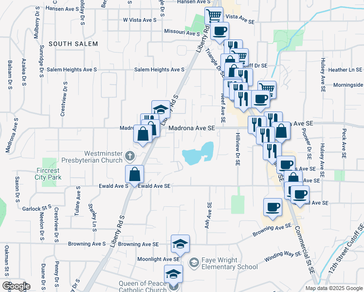 map of restaurants, bars, coffee shops, grocery stores, and more near 332 Woodbridge Court Southeast in Salem