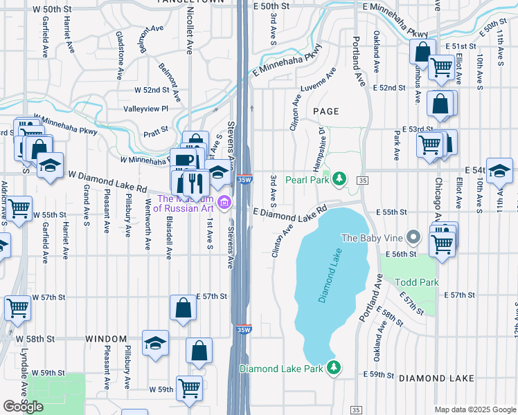 map of restaurants, bars, coffee shops, grocery stores, and more near 5433 2nd Avenue South in Minneapolis