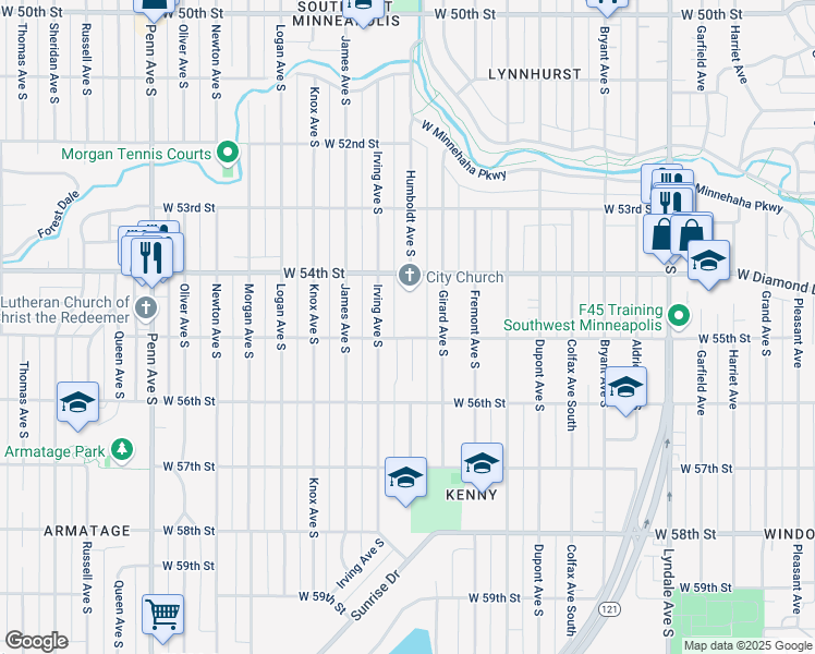 map of restaurants, bars, coffee shops, grocery stores, and more near 1500 West 55th Street in Minneapolis