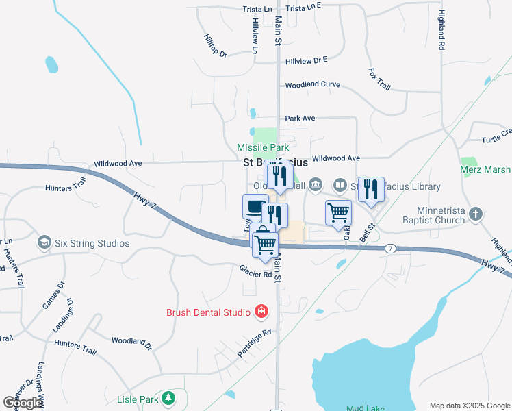 map of restaurants, bars, coffee shops, grocery stores, and more near 8833 Kennedy Memorial Drive in Saint Bonifacius