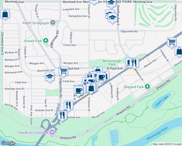 map of restaurants, bars, coffee shops, grocery stores, and more near 1264 South Davern Street in Saint Paul
