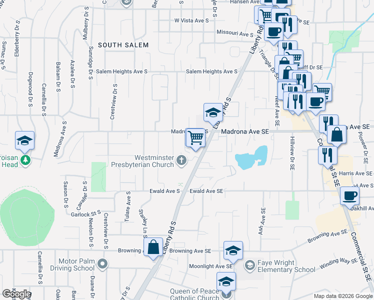 map of restaurants, bars, coffee shops, grocery stores, and more near 3625 Belle Vista Court South in Salem