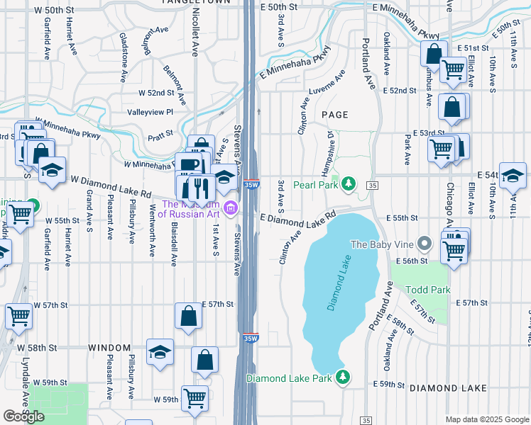 map of restaurants, bars, coffee shops, grocery stores, and more near 5433 2nd Avenue South in Minneapolis