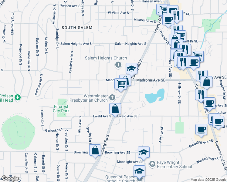 map of restaurants, bars, coffee shops, grocery stores, and more near 3625 Belle Vista Court South in Salem